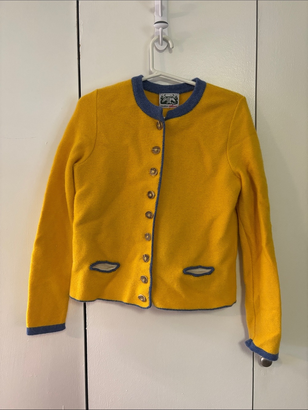 Classic Yellow Knit Cardigan Jacket with Blue Trim Liesl Couture